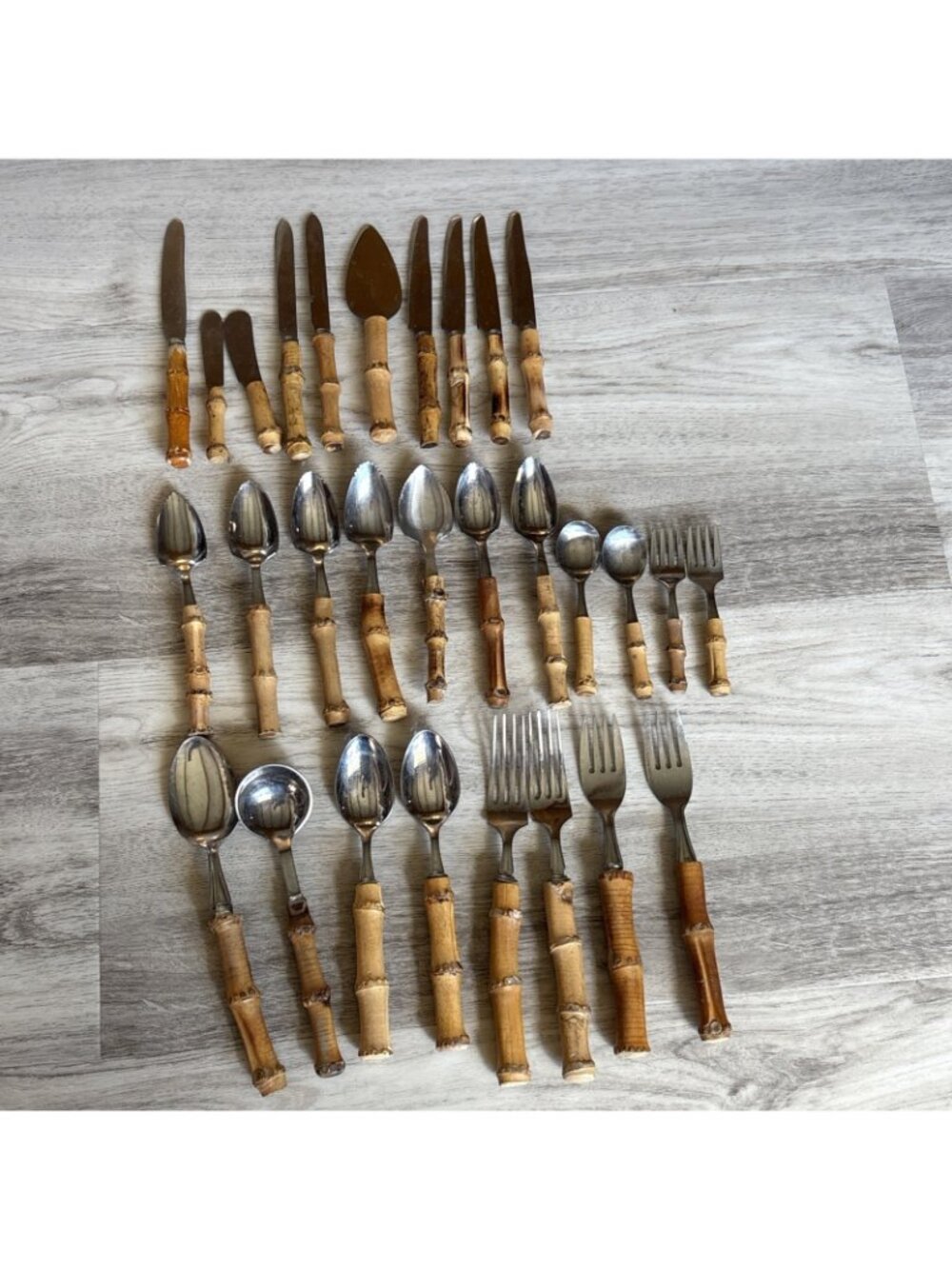 Vtg 29pc Bamboo Handle Flatware Silverware and Serving Pieces Stainless Japan - Picture 14 of 14